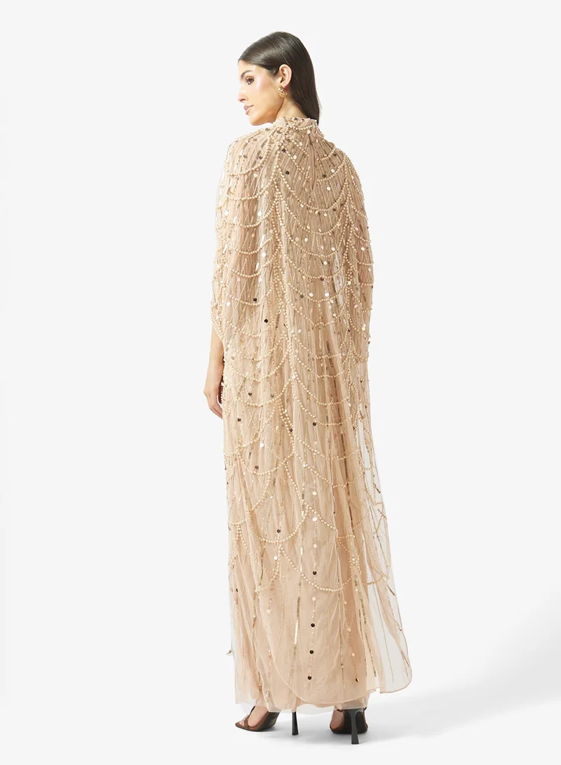 Amelia Rose Beaded Pearl Cape Maxi Dress