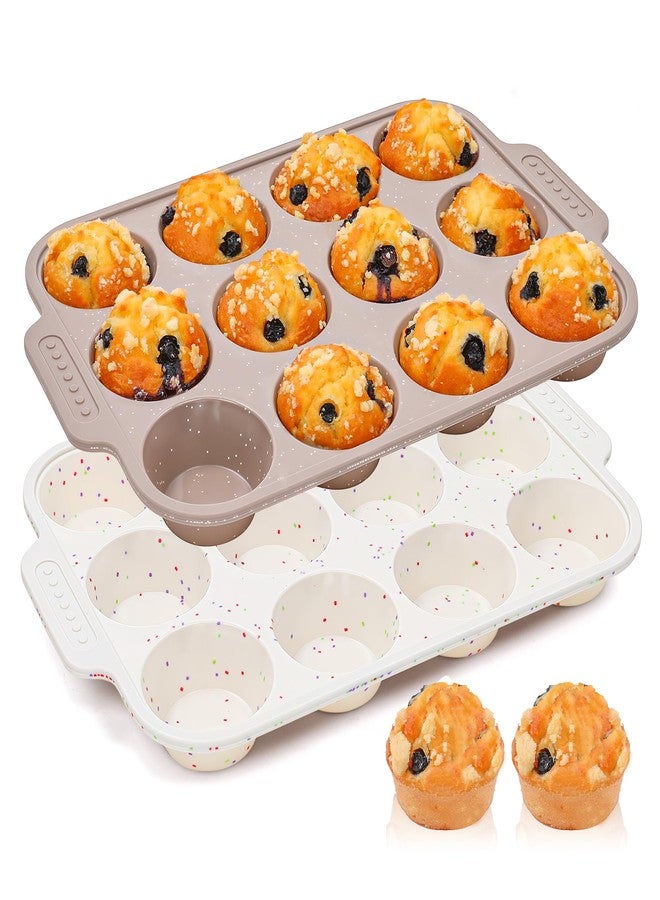 AOTASO 2 Pcs Silicone Muffin Pans for Baking with Metal Reinforced Frame, Nonstick Cupcake Tray for Oven, 12 Cups Regular Size Silicone Molds for Egg Bites, Dishwasher Safe (Brown, Cream) - Image 1