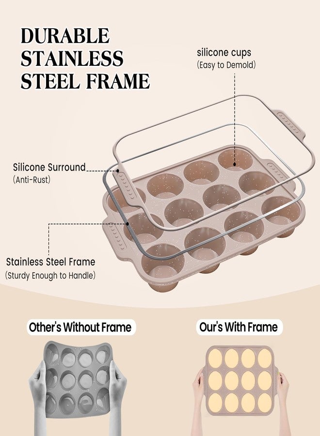 AOTASO 2 Pcs Silicone Muffin Pans for Baking with Metal Reinforced Frame, Nonstick Cupcake Tray for Oven, 12 Cups Regular Size Silicone Molds for Egg Bites, Dishwasher Safe (Brown, Cream) - Image 2