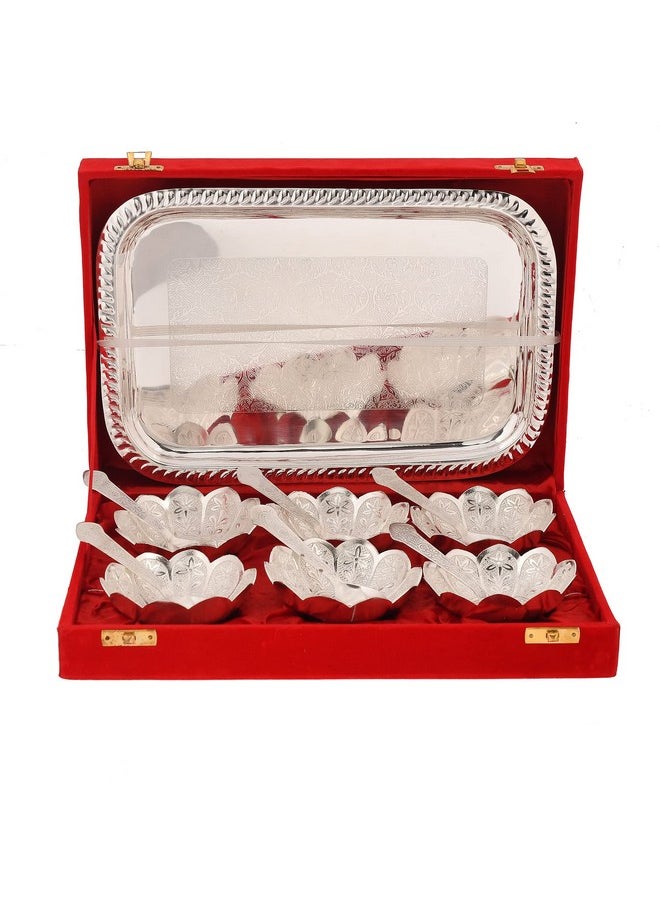 AC ANAND CRAFTS AC ANAND CRAFTS | German Silver Bowl Set Lotus Flower Shape | 13 pcs Set | Silver, Red Velvet Box | Best for Diwali Gift, Corporate Gift, Navratri Gift  - Image 1