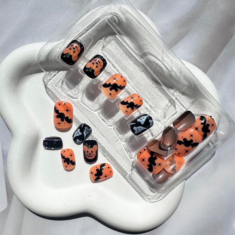 WULIUFLY All season compatible build 24Pcs Short Press on Nails Halloween Fake Nails Oval Orange Black Glue on Nails Cute False Nails Full Cover Ghost Bat Acrylic Nails Design Short Nails Press ons Halloween Nails Artificial Nails Kit Global sizing options - Image 3