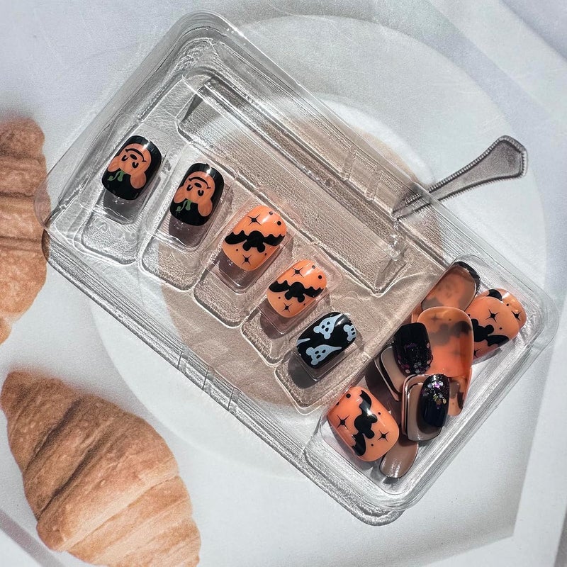 WULIUFLY All season compatible build 24Pcs Short Press on Nails Halloween Fake Nails Oval Orange Black Glue on Nails Cute False Nails Full Cover Ghost Bat Acrylic Nails Design Short Nails Press ons Halloween Nails Artificial Nails Kit Global sizing options - Image 5