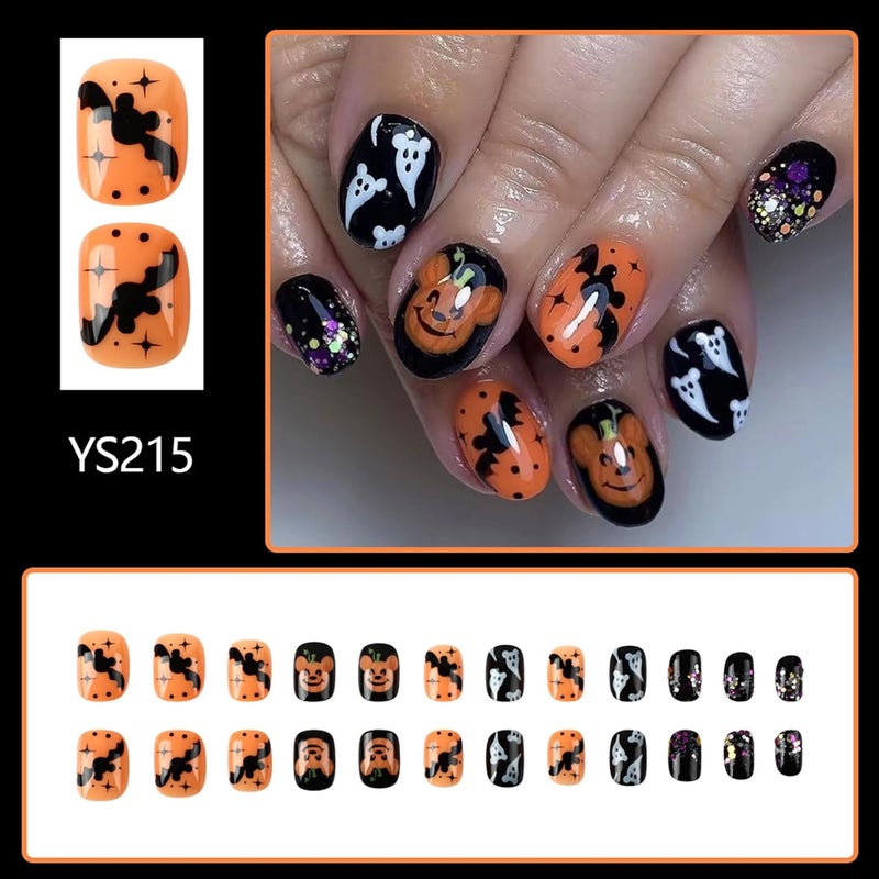 WULIUFLY All season compatible build 24Pcs Short Press on Nails Halloween Fake Nails Oval Orange Black Glue on Nails Cute False Nails Full Cover Ghost Bat Acrylic Nails Design Short Nails Press ons Halloween Nails Artificial Nails Kit Global sizing options - Image 2