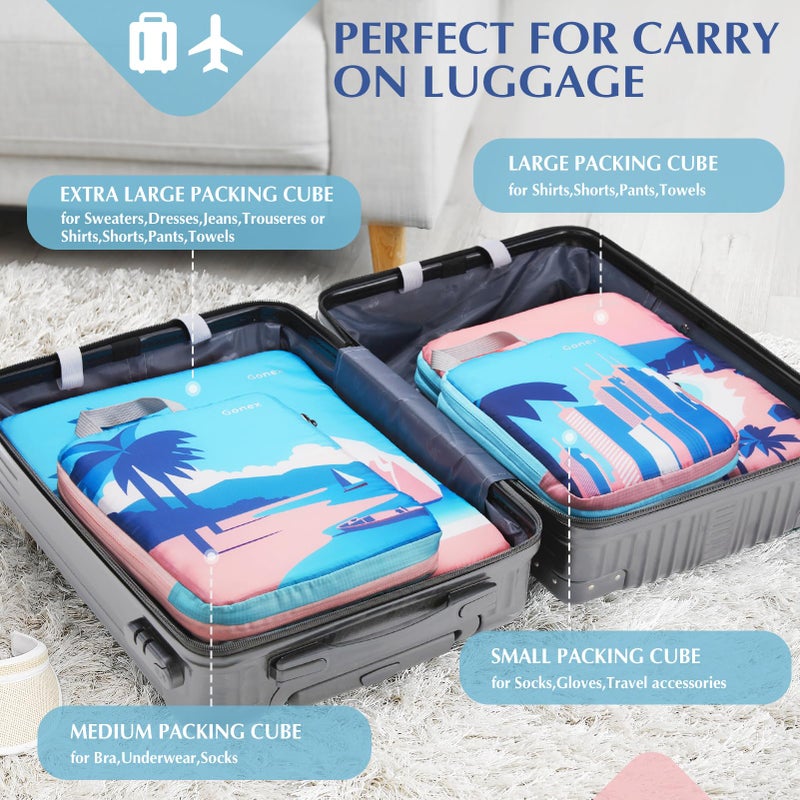 Gonex Compression Packing Cubes, 4pcs Expandable Storage Travel Luggage Bags Organizers, Travel Cubes for Suitcase Carry On (Coconut Palm) - Image 5