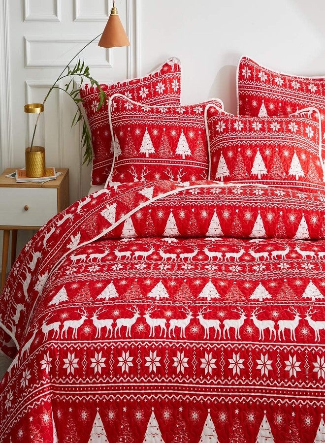 Flysheep Christmas Quilt Set 3 Pieces Queen, Red White Snowflake and Deers Trees Reversible Bedspread Coverlet Set, Soft Microfiber Lightweight Bed Cover for All Season (90" x 90", 1 Quilt+ 2 Pillow Shams) - Image 3