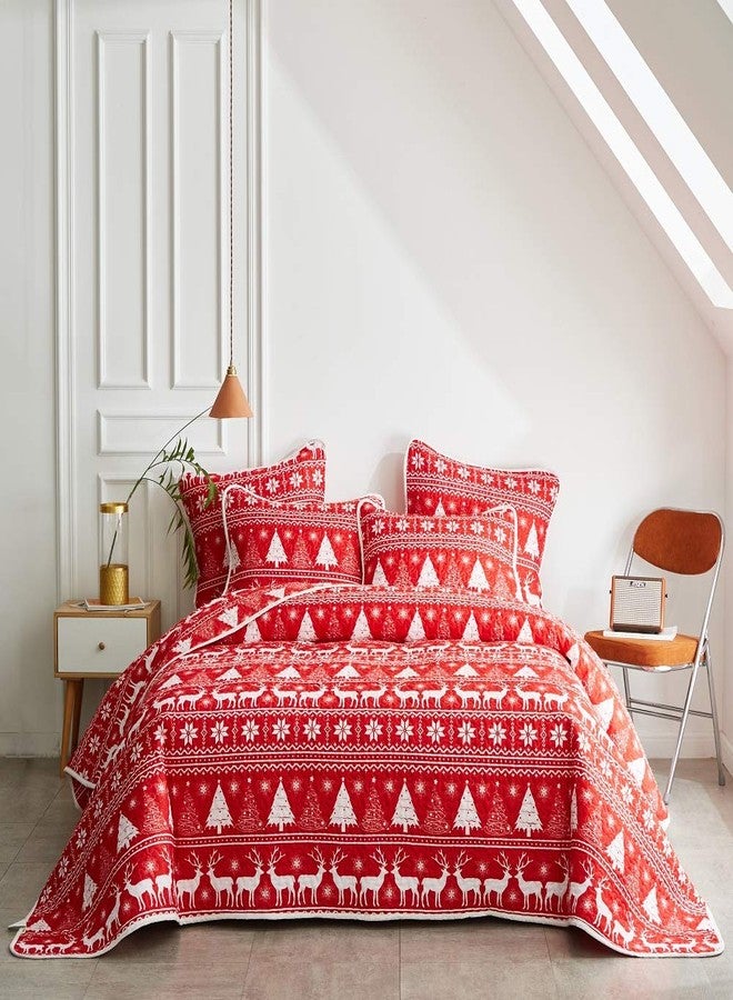 Flysheep Christmas Quilt Set 3 Pieces Queen, Red White Snowflake and Deers Trees Reversible Bedspread Coverlet Set, Soft Microfiber Lightweight Bed Cover for All Season (90" x 90", 1 Quilt+ 2 Pillow Shams) - Image 4
