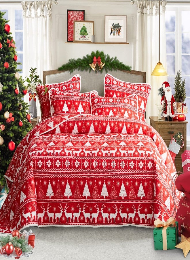 Flysheep Christmas Quilt Set 3 Pieces Queen, Red White Snowflake and Deers Trees Reversible Bedspread Coverlet Set, Soft Microfiber Lightweight Bed Cover for All Season (90" x 90", 1 Quilt+ 2 Pillow Shams) - Image 1