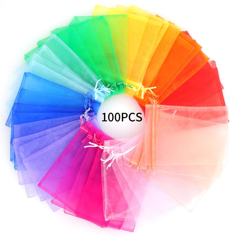 Ponpon 100pcs Assorted Color Organza Bags, 5x7 inches Mesh Bags Drawstring Bags for Candy Jewellery Random Color - Image 3