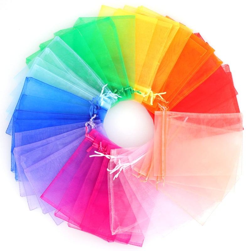 Ponpon 100pcs Assorted Color Organza Bags, 5x7 inches Mesh Bags Drawstring Bags for Candy Jewellery Random Color - Image 1