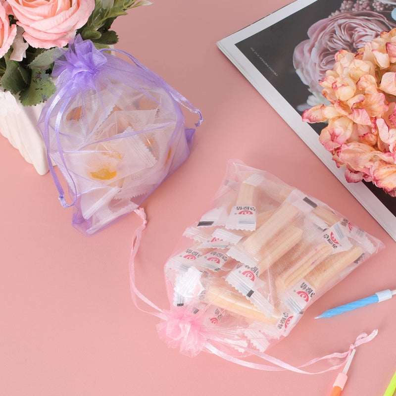 Ponpon 100pcs Assorted Color Organza Bags, 5x7 inches Mesh Bags Drawstring Bags for Candy Jewellery Random Color - Image 5