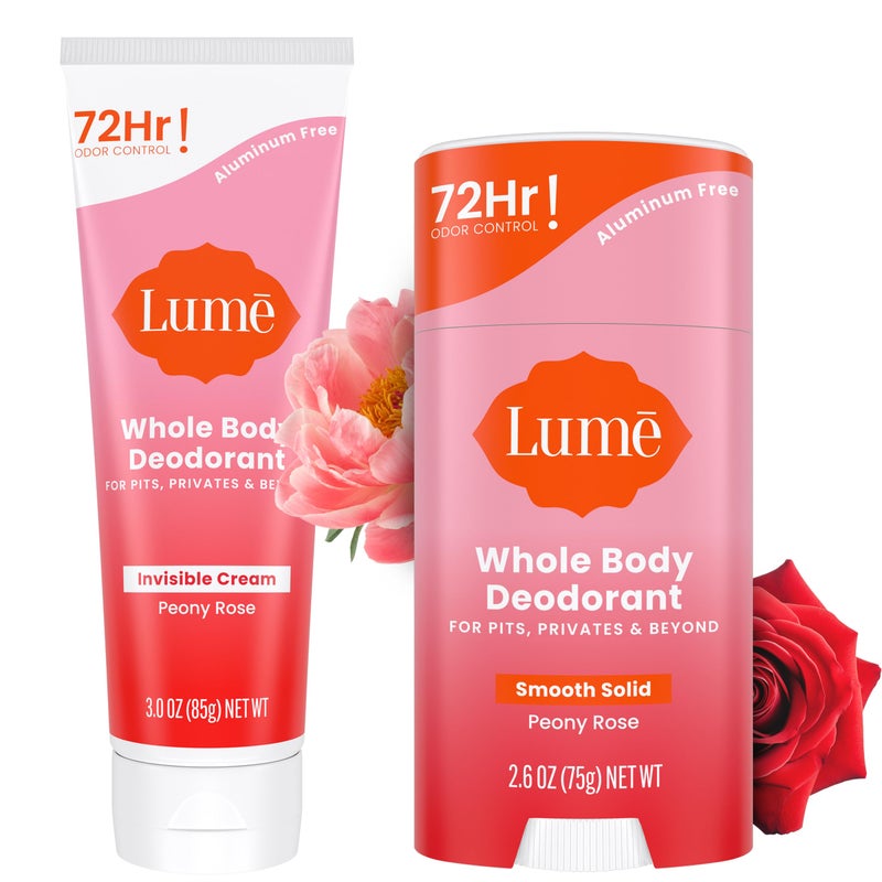 Lume Whole Body Deodorant - Invisible Cream and Solid - 72 Hour Odor Control - Aluminum Free, Baking Soda Free, Skin Safe - 3.0 Ounce Cream and 2.6 Ounce Solid Bundle (Peony Rose) - Image 1