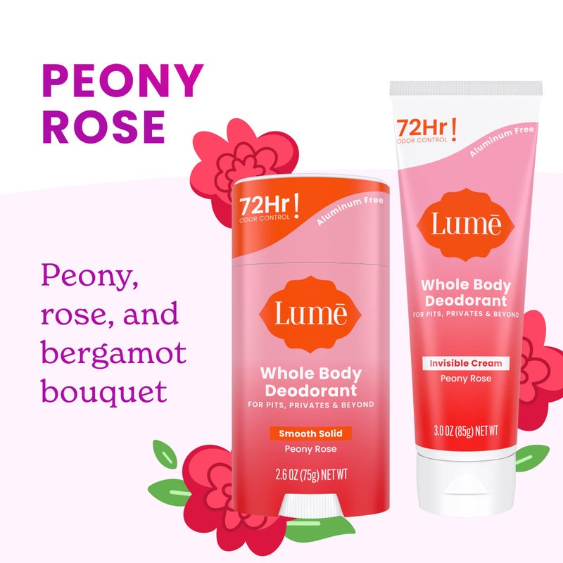 Lume Whole Body Deodorant - Invisible Cream and Solid - 72 Hour Odor Control - Aluminum Free, Baking Soda Free, Skin Safe - 3.0 Ounce Cream and 2.6 Ounce Solid Bundle (Peony Rose) - Image 4