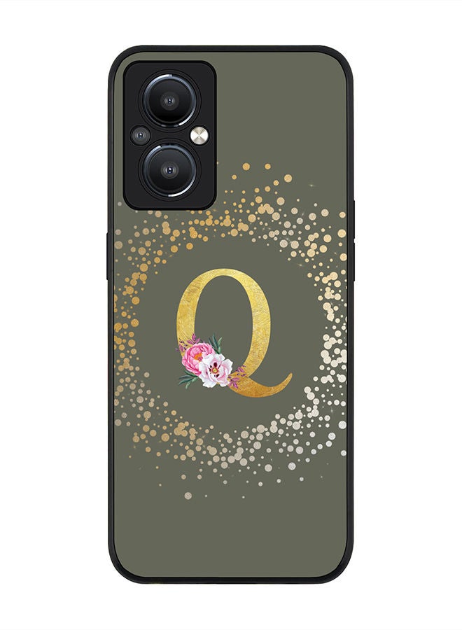 Stylizedd Rugged Black edge case for Reno8 Z 5G / Reno8 Lite 5G / Reno7 Z 5G Slim fit Soft Case Flexible Rubber Edges Anti Drop TPU Gel Thin Cover - Monogram Initial Floral Pattern Alphabet - Q (Olive Green) - Image 1