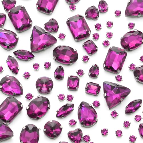 TANOSII Sew on Rhinestones 100 PCS Mixed Shapes Glass Rhinestones Sew on Crystal Gems Mental Flatback with Silver Claw for Jewelry Crafts Clothes Shoes Costume Garment Rose Red - Image 1