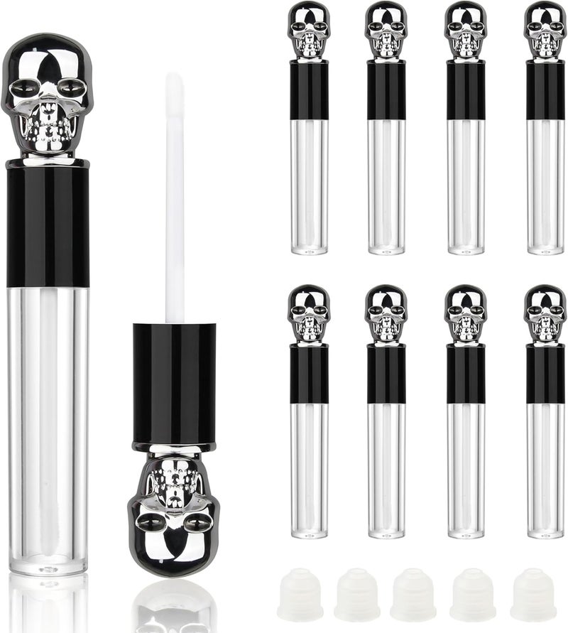 COSIDEA 8pcs Empty Round 5ml 0.17oz Silver skull lip gloss tubes with wand fancy Lipgloss tube containers for lip oil packing