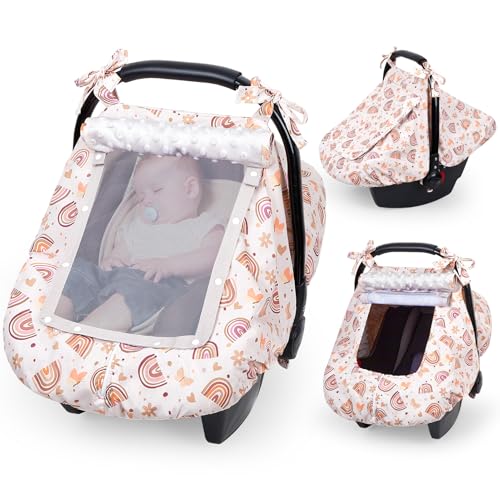 FIOBEE Baby Car Seat Cover, Car Seat Covers for Babies Infant Car Seat Canopy with Breathable Mesh Window Waterproof Carseat Cover for Babies Boy Girl 4 Seasons, Brown Rainbow - Image 1