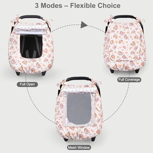 FIOBEE Baby Car Seat Cover, Car Seat Covers for Babies Infant Car Seat Canopy with Breathable Mesh Window Waterproof Carseat Cover for Babies Boy Girl 4 Seasons, Brown Rainbow - Image 3
