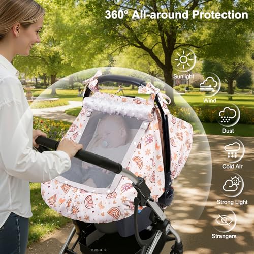 FIOBEE Baby Car Seat Cover, Car Seat Covers for Babies Infant Car Seat Canopy with Breathable Mesh Window Waterproof Carseat Cover for Babies Boy Girl 4 Seasons, Brown Rainbow - Image 2