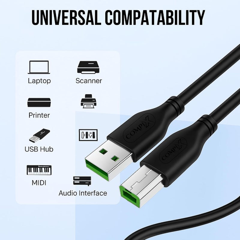 كابل طابعة USB 2.0 بطول 3 متر (A إلى B)، سرعة عالية 480 ميجابت في الثانية، مطلي بالفضة ومحمي بثلاث طبقات مضفرة لـ HP DeskJet، لابتوب، Canon، Brother، Lexmark، Envy، ماسح ضوئي، فاكس، بيانو رقمي، كمبيوتر شخصي - Image 5