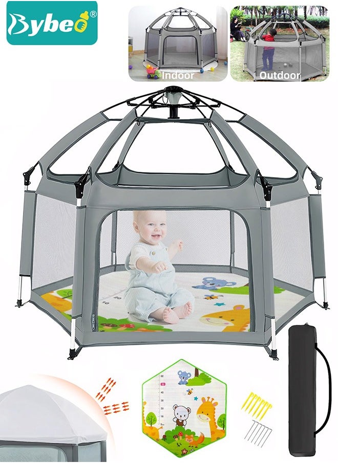 Bybeo - Baby Playpen Fence with Playmat & Canopy, Folding Playard for Toddler, Collapsible Camping Tent for Adults and Children Kids Activity Center, Outdoor Infant Play Tents with Travel Bag and Safety Lock - Image 1
