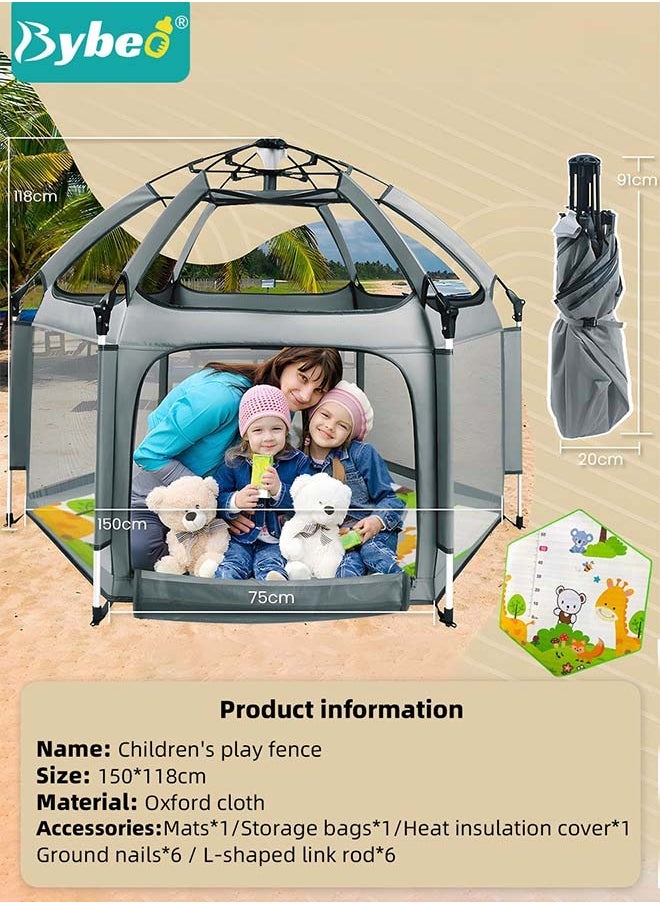 Bybeo - Baby Playpen Fence with Playmat & Canopy, Folding Playard for Toddler, Collapsible Camping Tent for Adults and Children Kids Activity Center, Outdoor Infant Play Tents with Travel Bag and Safety Lock - Image 1
