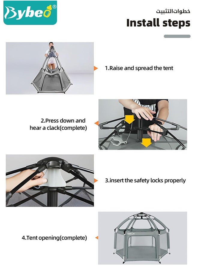 Bybeo - Baby Playpen Fence with Playmat & Canopy, Folding Playard for Toddler, Collapsible Camping Tent for Adults and Children Kids Activity Center, Outdoor Infant Play Tents with Travel Bag and Safety Lock - Image 1