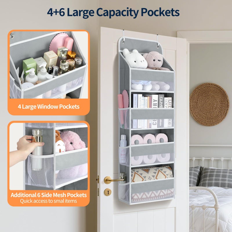 Yecaye Over The Door Organizer, Heavy Duty Hanging Organizers and Storage with 4 Large Capacity Pockets, Swing-Proof Behind The Door Storage for Bathroom Nursery Bedroom Dorm Closet, Grey - Image 2