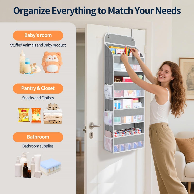 Yecaye Over The Door Organizer, Heavy Duty Hanging Organizers and Storage with 4 Large Capacity Pockets, Swing-Proof Behind The Door Storage for Bathroom Nursery Bedroom Dorm Closet, Grey - Image 4