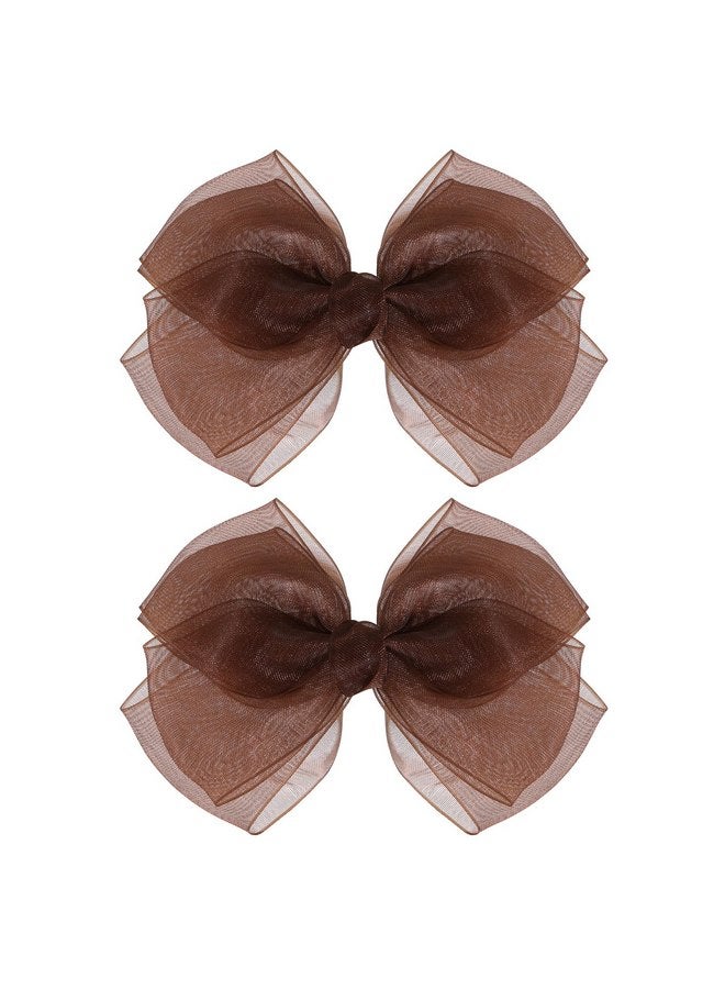 KCHIES Brown Mesh Hair Bows Alligator Clip 4" Organza Double Tulle Bow Hair Barrettes Pins Happy Fall Thanksgiving Dress Outfit Decoration Accessory Gift for Teens Toddler Girls Kid Child - Image 1