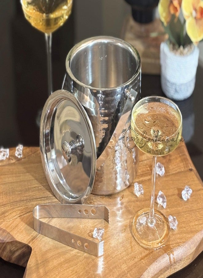 PURI Bartanwala - Prima Stainless Steel Double Wall Ice Bucket – Hammered/Glossy Finish (with Tong) Capacity: 1500 ml - Image 2