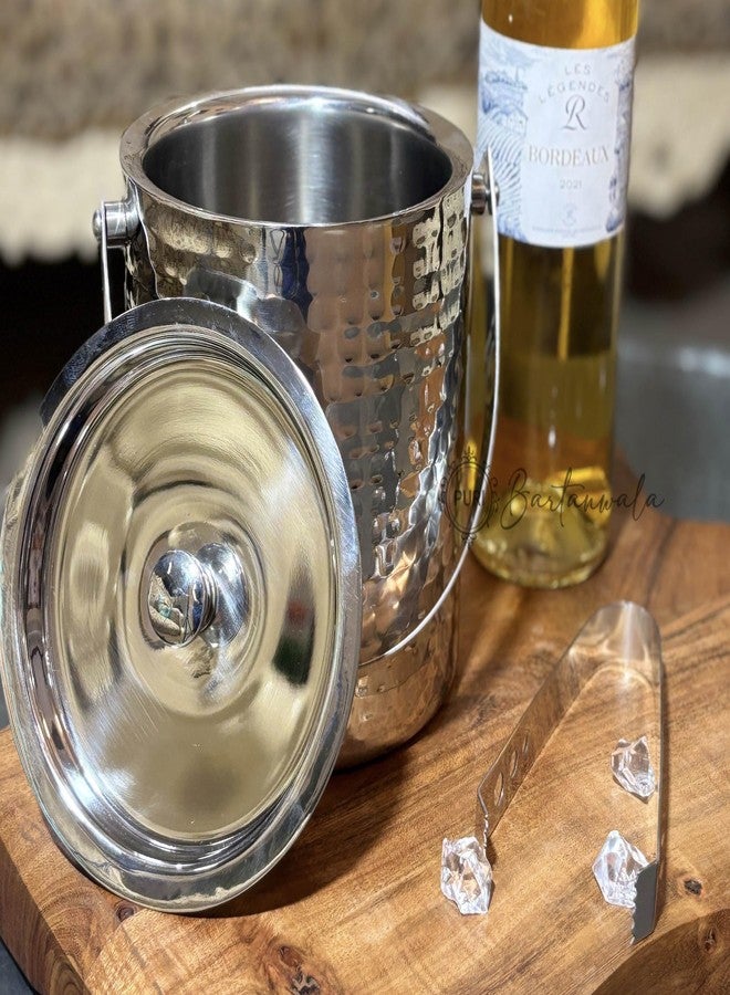 PURI Bartanwala - Prima Stainless Steel Double Wall Ice Bucket – Hammered/Glossy Finish (with Tong) Capacity: 1500 ml - Image 1