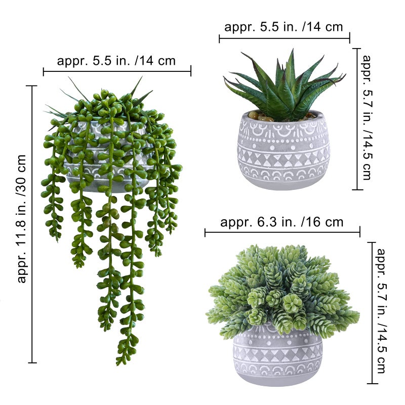 Winlyn Winlyn 3 Pcs Assorted Small Potted Succulent Plants Artificial Aloe Hops String of Pearls Succulents in Gray Geometric Concrete Pots for Gifts Table Shelf Windowsill Indoor Outdoor Greenery Decor  - Image 2