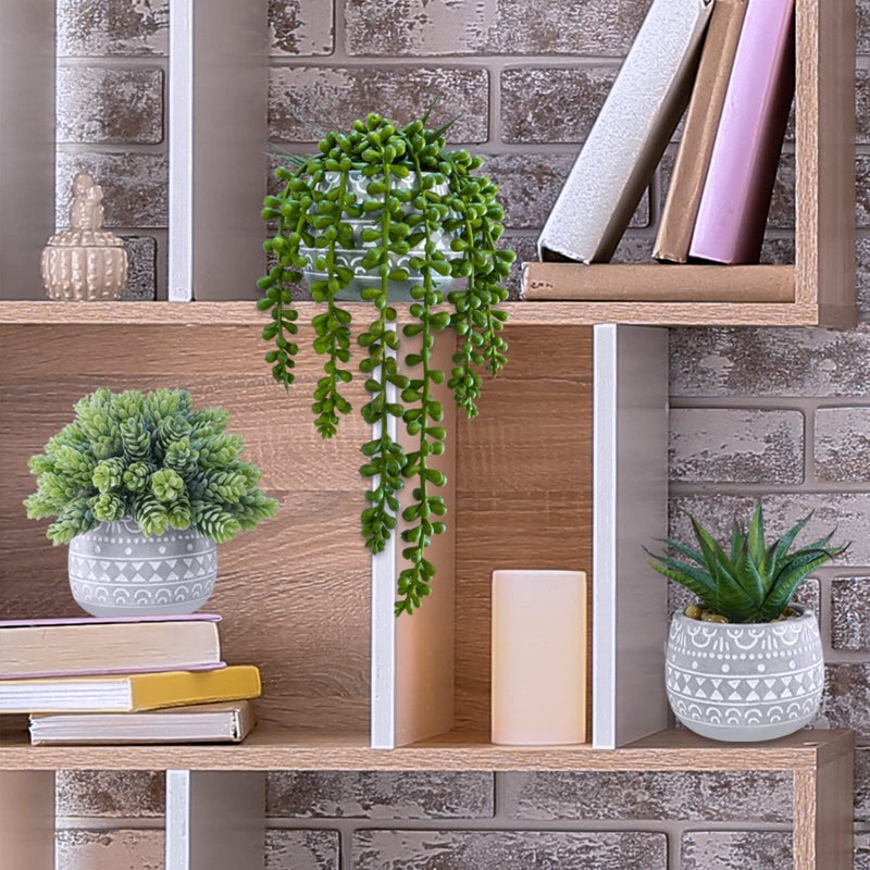 Winlyn Winlyn 3 Pcs Assorted Small Potted Succulent Plants Artificial Aloe Hops String of Pearls Succulents in Gray Geometric Concrete Pots for Gifts Table Shelf Windowsill Indoor Outdoor Greenery Decor  - Image 4