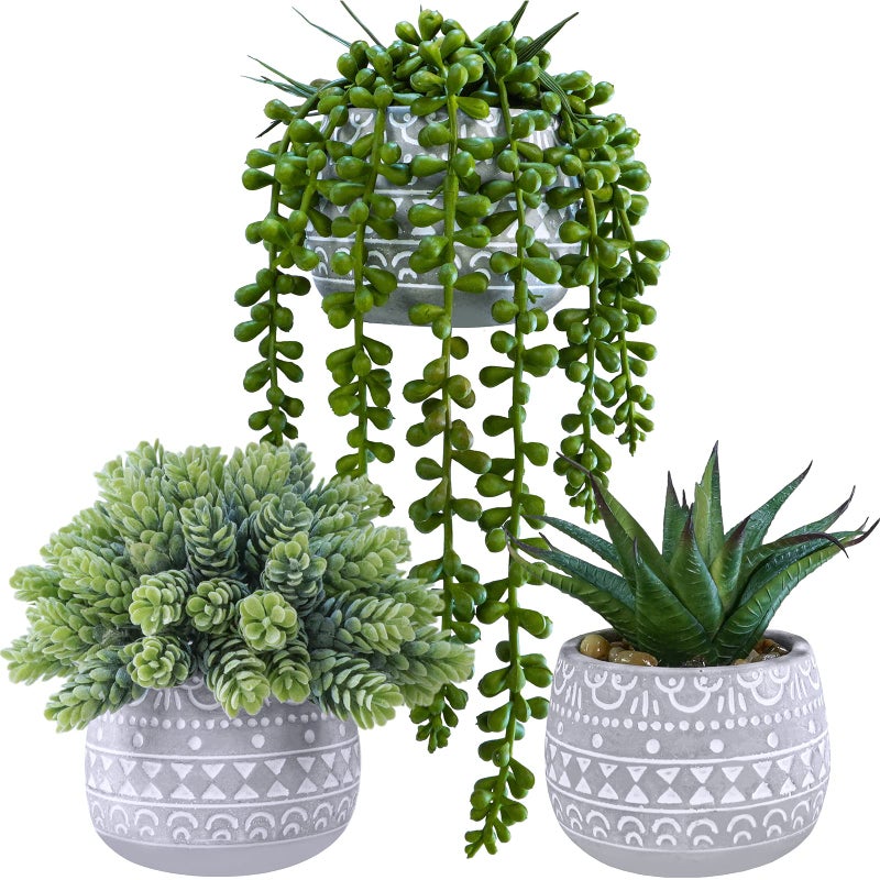 Winlyn Winlyn 3 Pcs Assorted Small Potted Succulent Plants Artificial Aloe Hops String of Pearls Succulents in Gray Geometric Concrete Pots for Gifts Table Shelf Windowsill Indoor Outdoor Greenery Decor  - Image 1