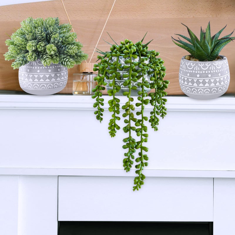 Winlyn Winlyn 3 Pcs Assorted Small Potted Succulent Plants Artificial Aloe Hops String of Pearls Succulents in Gray Geometric Concrete Pots for Gifts Table Shelf Windowsill Indoor Outdoor Greenery Decor  - Image 3