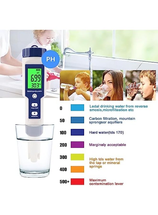 LinJie Water Quality Tester, 5in1 Professional Multi-parameter Combo Testing Meter, PH/EC/TDS/Salinity/Thermometer Digital Multi-Function Tester Water Quality Tester Drinking Water, Pool and Fish Tank - Image 5