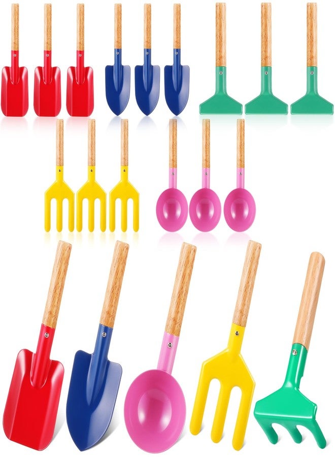 Motionchic 15 Pcs Children Beach Sand Toys Kids Gardening Tools Set Metal Including Shovel, Rake, Fork and Trowel, Summer Beach Sandbox Digging Toys with Wooden Handle Hoe for Kid Outdoor Gift - Image 1