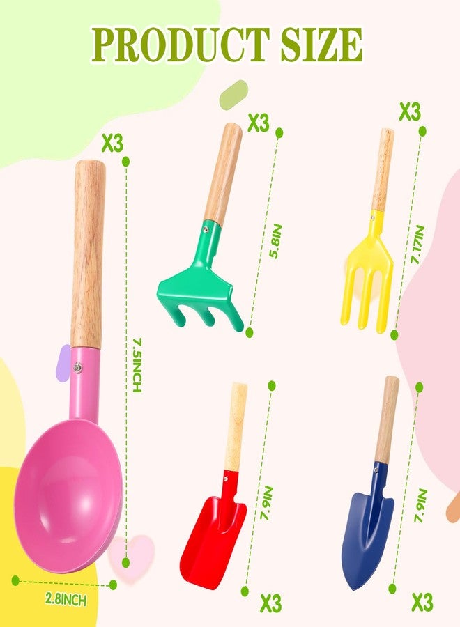Motionchic 15 Pcs Children Beach Sand Toys Kids Gardening Tools Set Metal Including Shovel, Rake, Fork and Trowel, Summer Beach Sandbox Digging Toys with Wooden Handle Hoe for Kid Outdoor Gift - Image 2
