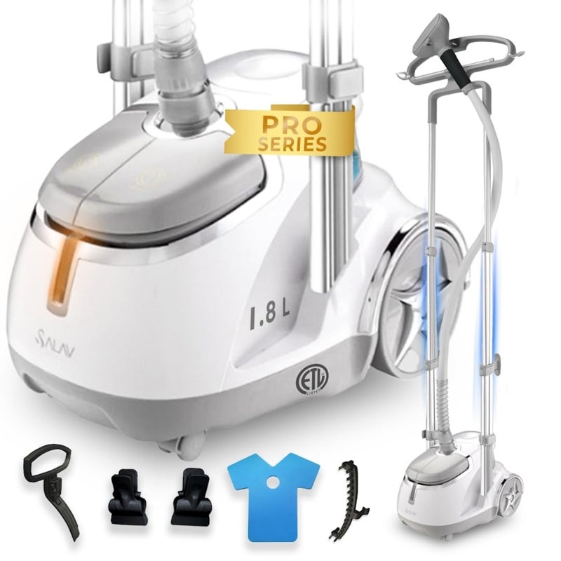 SALAV SALAV GS45DJ Professional Upright Garment Steamer with Roll Wheels MultiFunction Extra Wide Hanger Fabric Brush  Mini Ironing Paddle 1500 watts Silver 