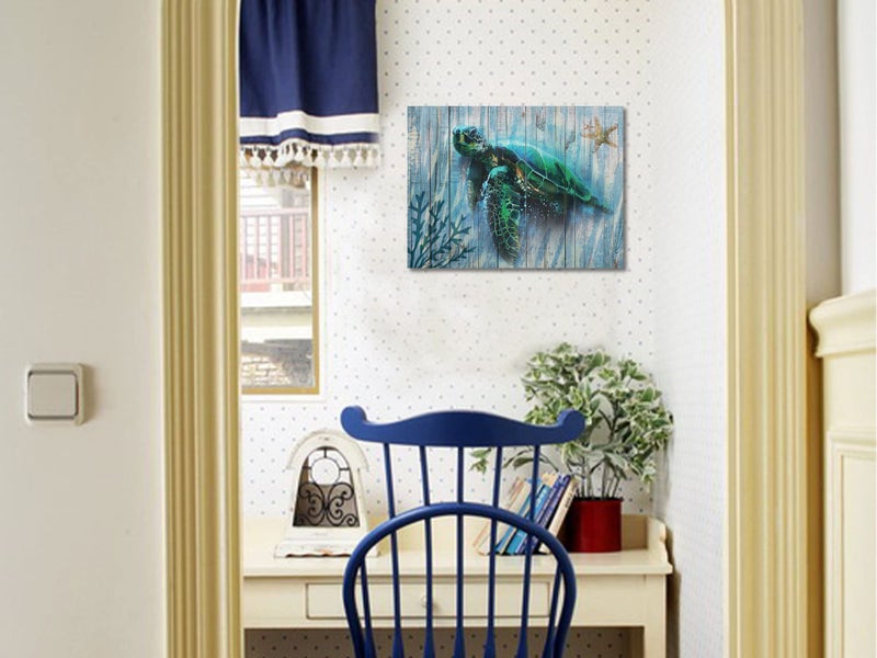 Arjun Bathroom Decor Blue Wall Art Canvas Green Sea Turtle Teal Submarine Picture, Landscape Painting Framed for Living Room Bedroom Kitchen Home Office Wall Decor, 16"x12" - Image 5