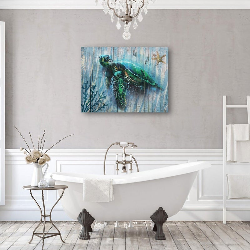 Arjun Bathroom Decor Blue Wall Art Canvas Green Sea Turtle Teal Submarine Picture, Landscape Painting Framed for Living Room Bedroom Kitchen Home Office Wall Decor, 16"x12" - Image 2