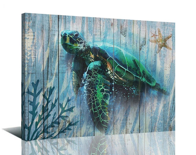 Arjun Bathroom Decor Blue Wall Art Canvas Green Sea Turtle Teal Submarine Picture, Landscape Painting Framed for Living Room Bedroom Kitchen Home Office Wall Decor, 16"x12" - Image 1