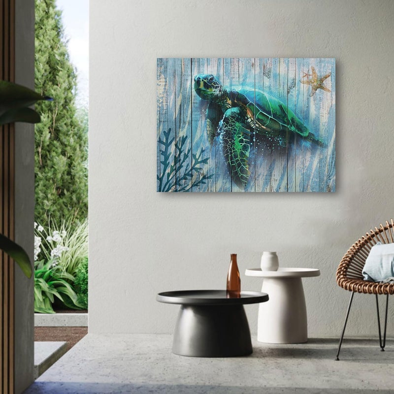 Arjun Bathroom Decor Blue Wall Art Canvas Green Sea Turtle Teal Submarine Picture, Landscape Painting Framed for Living Room Bedroom Kitchen Home Office Wall Decor, 16"x12" - Image 3