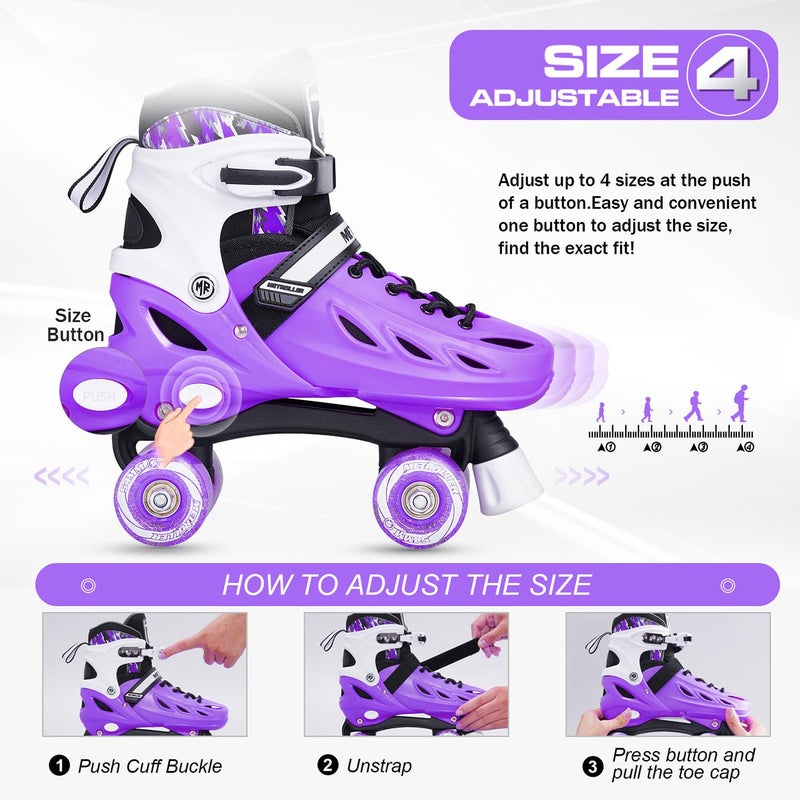 METROLLER Roller Skates for Girls Ages 5-8 8-12 and Boys Teens, Adjustable 4 Sizes for Kids Toddler Rollerskates with Light up Wheels, for Women (Purple, Large-Youth & Adult (4-7 Men/5-8 Women)) - Image 2