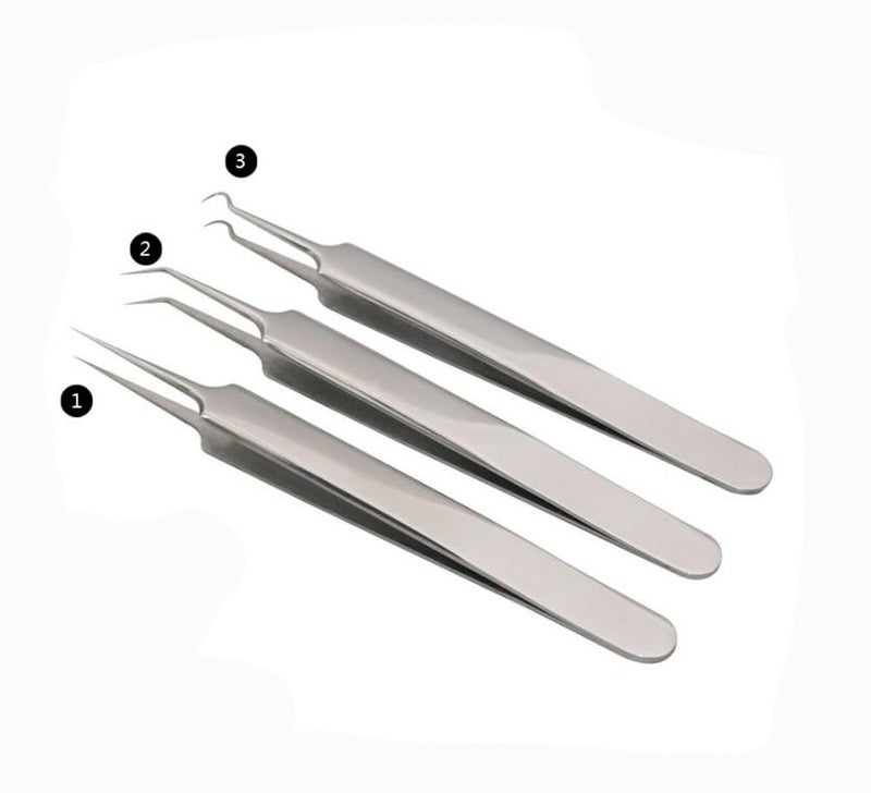 Elandy 1Set3PCS Silver Professional Remove Blackheads Tweezers Set Stainless Steel StraightSlanted Pointed SplinterBend Curved Blemish Extractor Tool for Acne Zit Cystic Blemish Whitehead Popping