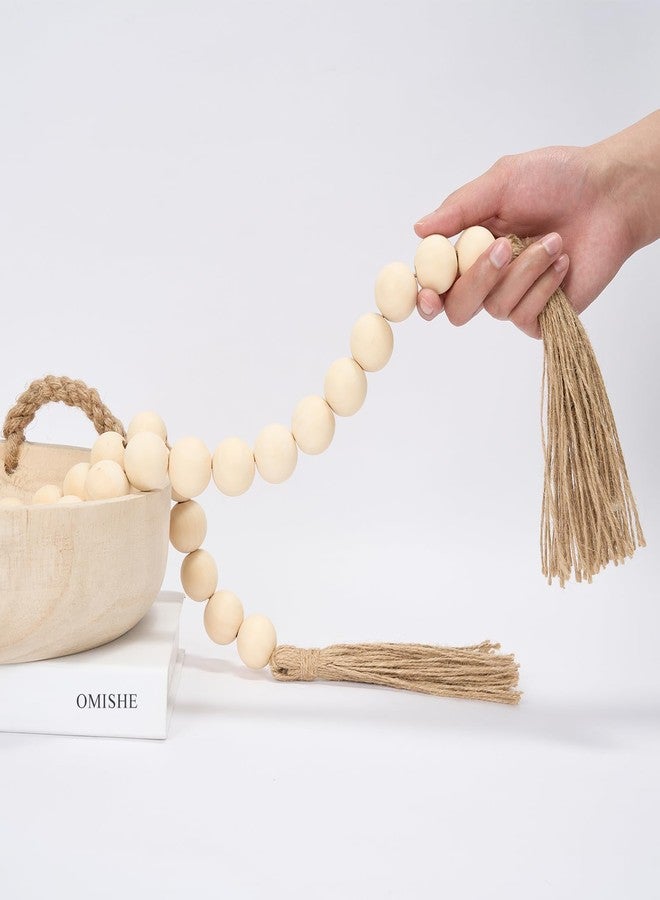 OMISHE 57" Long Large Wood Bead Garland with 1.2" Diameter Wooden Beads and Tassels, Rustic Farmhouse Country Wood Bead Garland for Home Tiered Tray Decor, Decorative Beads, Beige - Image 1