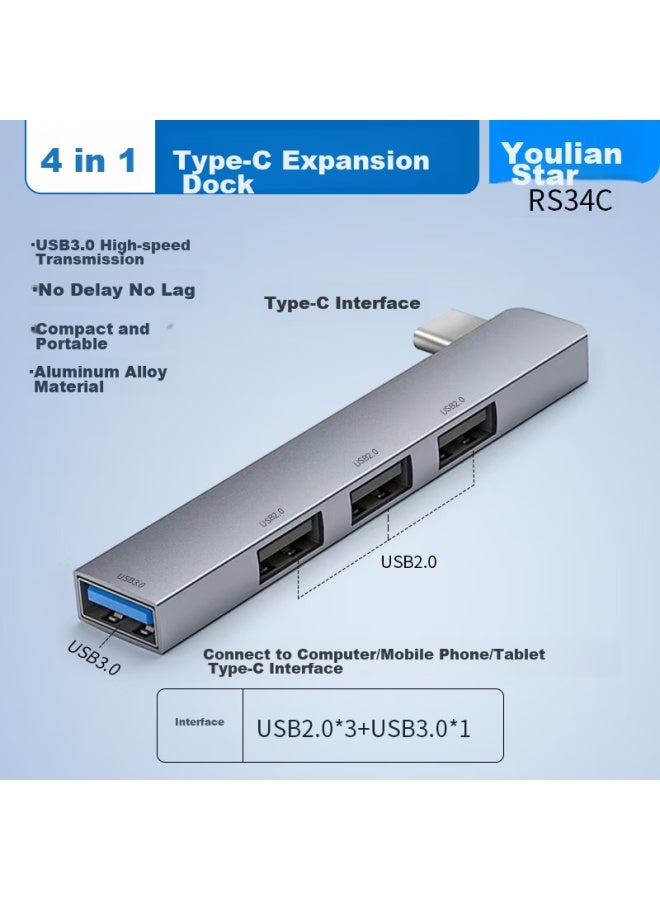 Union Star Youliangxing Type-c Expansion Dock, Usb3.0 Direct Plug Splitter, 4 Ports, Usb2.0 Mouse And Usb Drive Hub, Laptop Usb-c Converter Expansion Dock Rs34c - Image 1