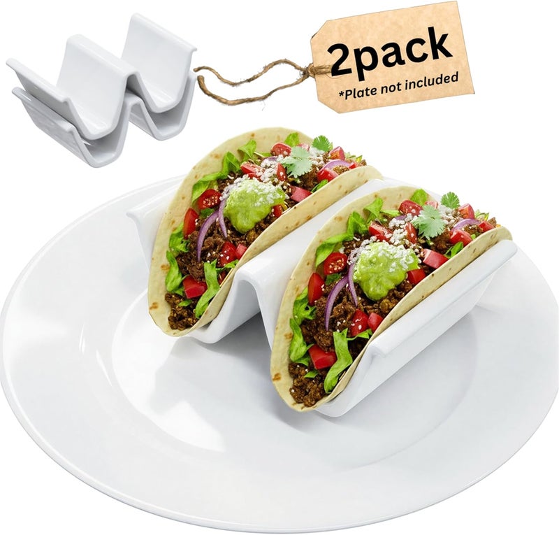 woobud HolaTasty Taco Holder Ceramic, Dual Taco Stand for Plates - Large Taco Rack 2-Slot for Standard Soft Tacos, Party Taco Server Regular Taco Holder, Taco Heater for Microwave Oven - Set of 2, White - Image 1