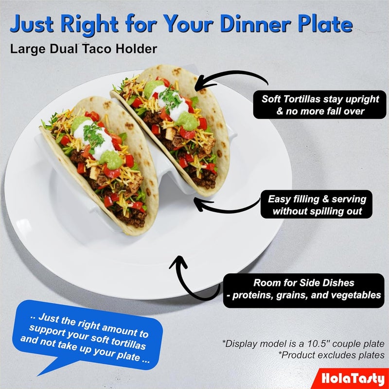 woobud HolaTasty Taco Holder Ceramic, Dual Taco Stand for Plates - Large Taco Rack 2-Slot for Standard Soft Tacos, Party Taco Server Regular Taco Holder, Taco Heater for Microwave Oven - Set of 2, White - Image 3