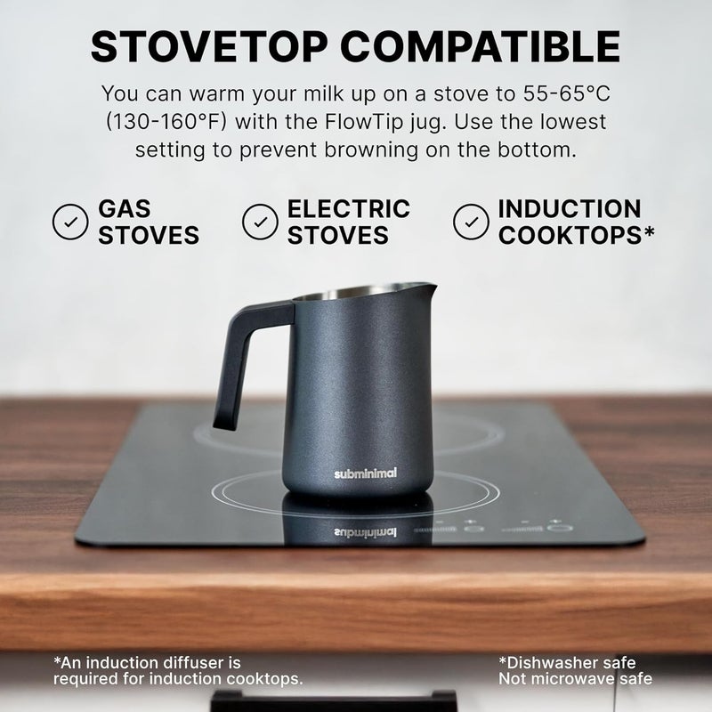 subminimal FlowTip Milk Jug - Stovetop Milk Frothing, Foaming Pitcher for Barista-Style Coffee - Cappuccino & Latte Art Pouring Jug with Heat Resistant Handle - 450ml, Black - Image 3